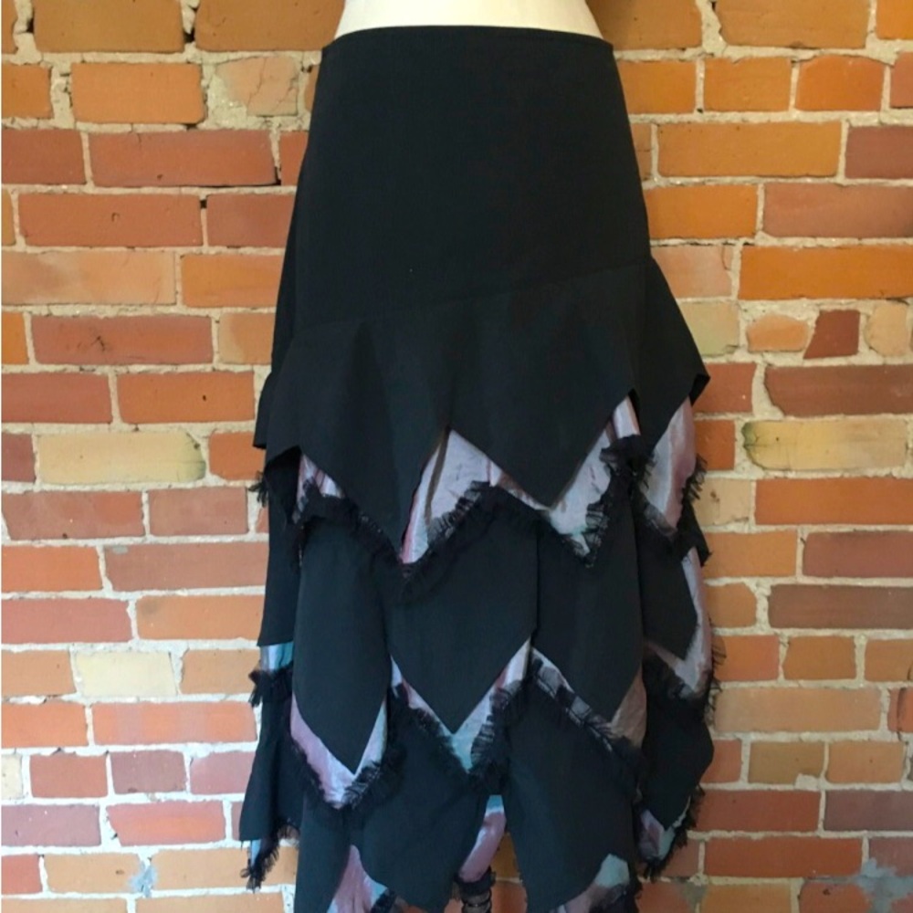 Black Layered Chevron Midi Skirt. With frills.